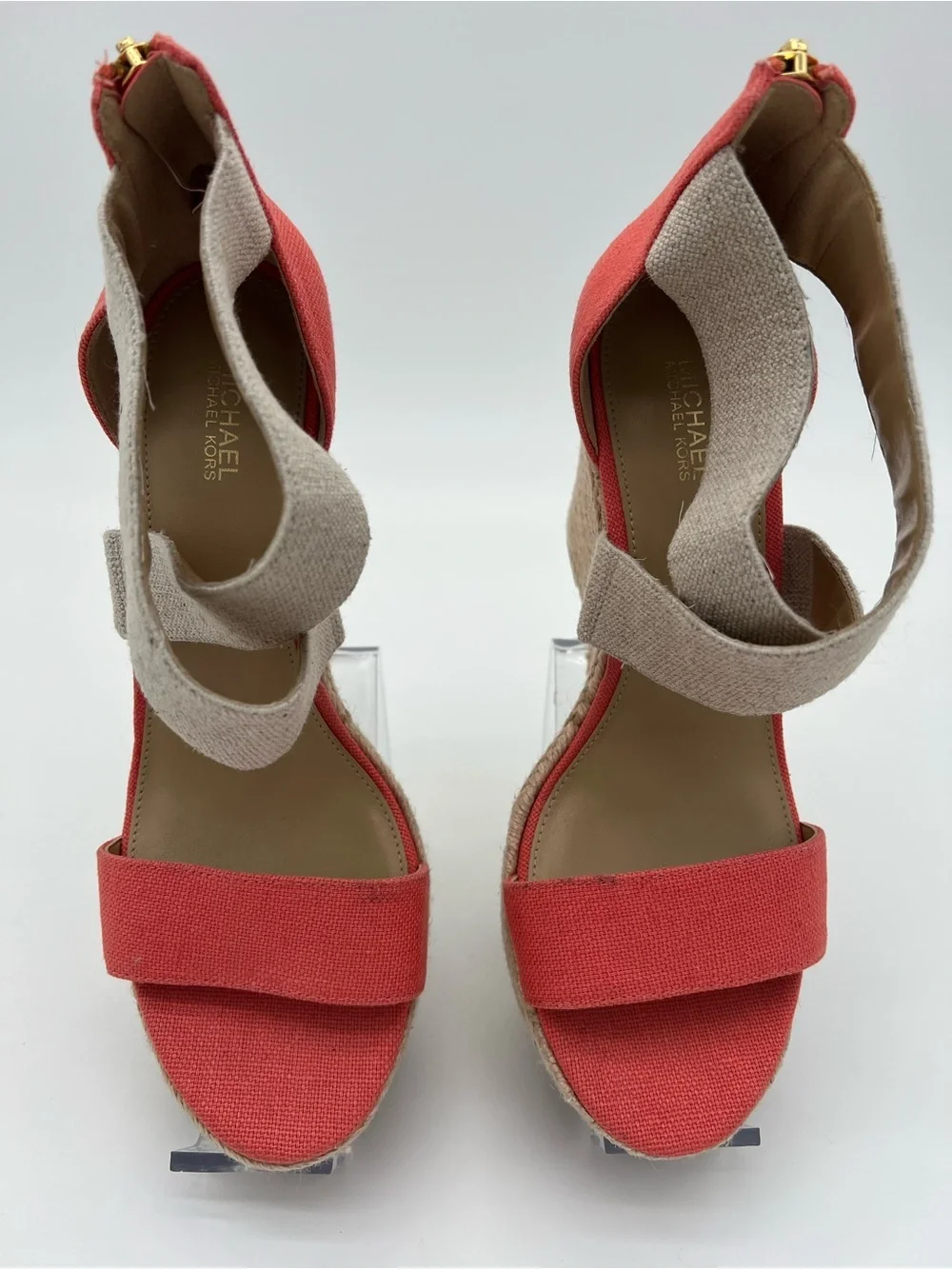 Michael Kors Coral and Natural Canvas Espadrille Wedge Sandals size 7.5